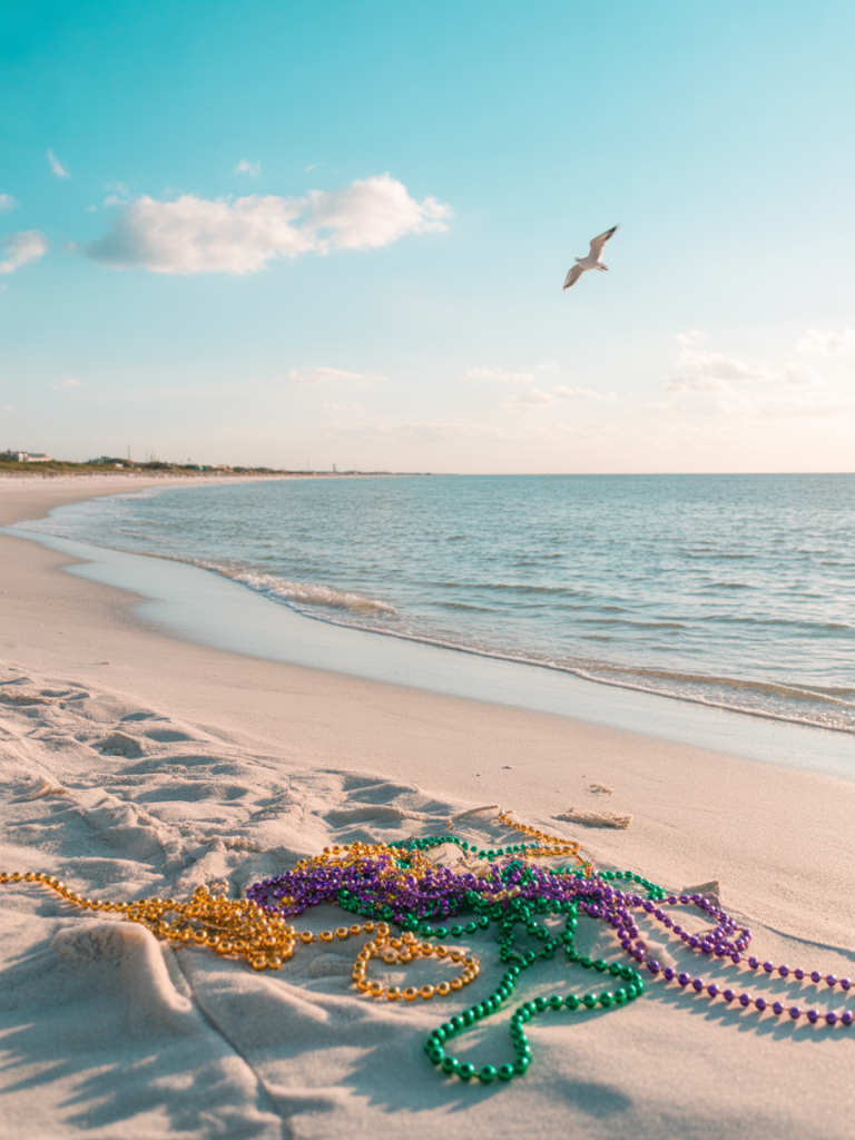 AI generated image of a beach with mardi gras beads on it.