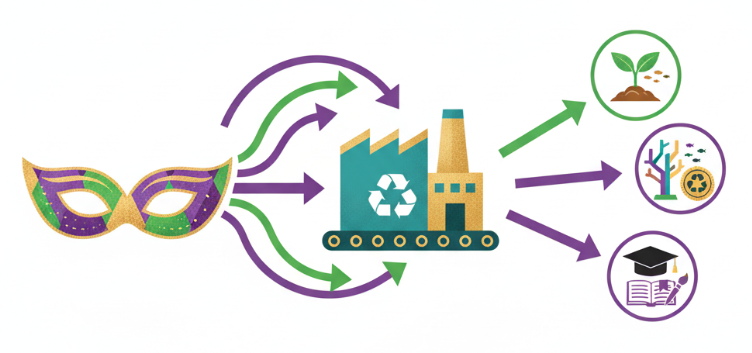 A mardi gras mask being recycled through a factory into compost and other regenerative material.